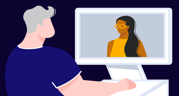 graphical illustration of a boy attending a video call with girl on desktop
