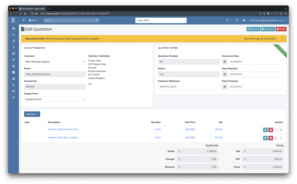 Xapsys CRM Edit Quotation Dashboard