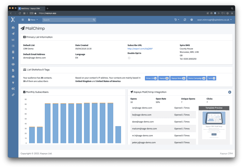 mailchimp overview under xapsys crm software