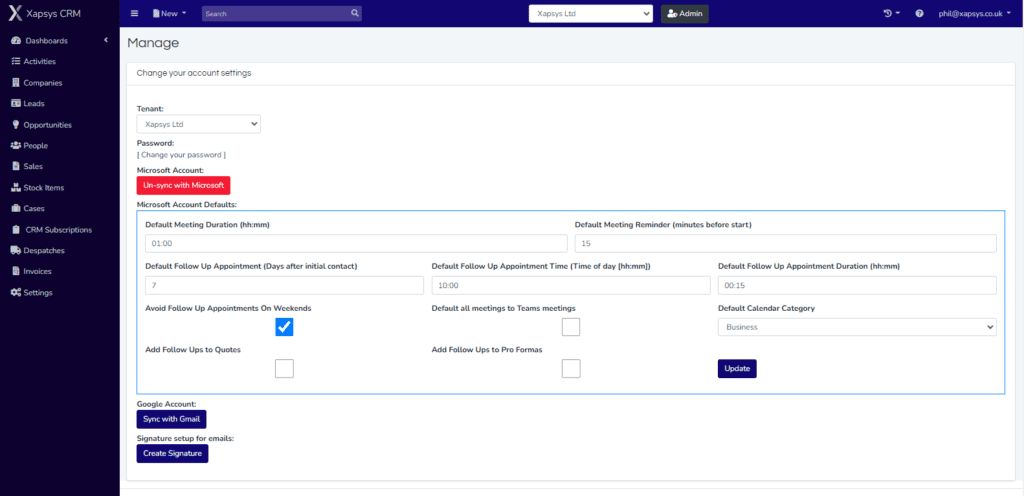 xapsys crm manage dashboard view