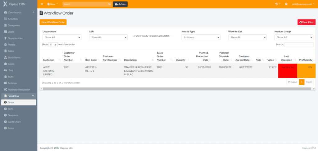 xapsys crm software, workflow order view